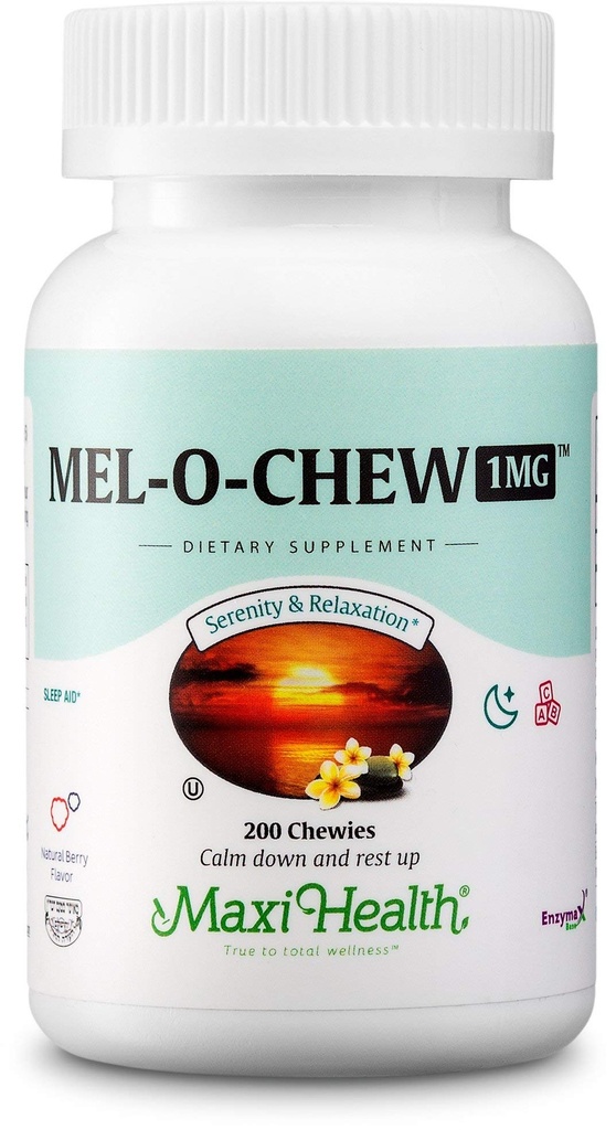 Maxi Health 1 mg Melatonin Chewables – 成人与儿童 Melatonin鼓励自然睡眠 – 非哈比人组成科舍睡眠补充剂 Enzymax 快速动作支持(200个单位)
