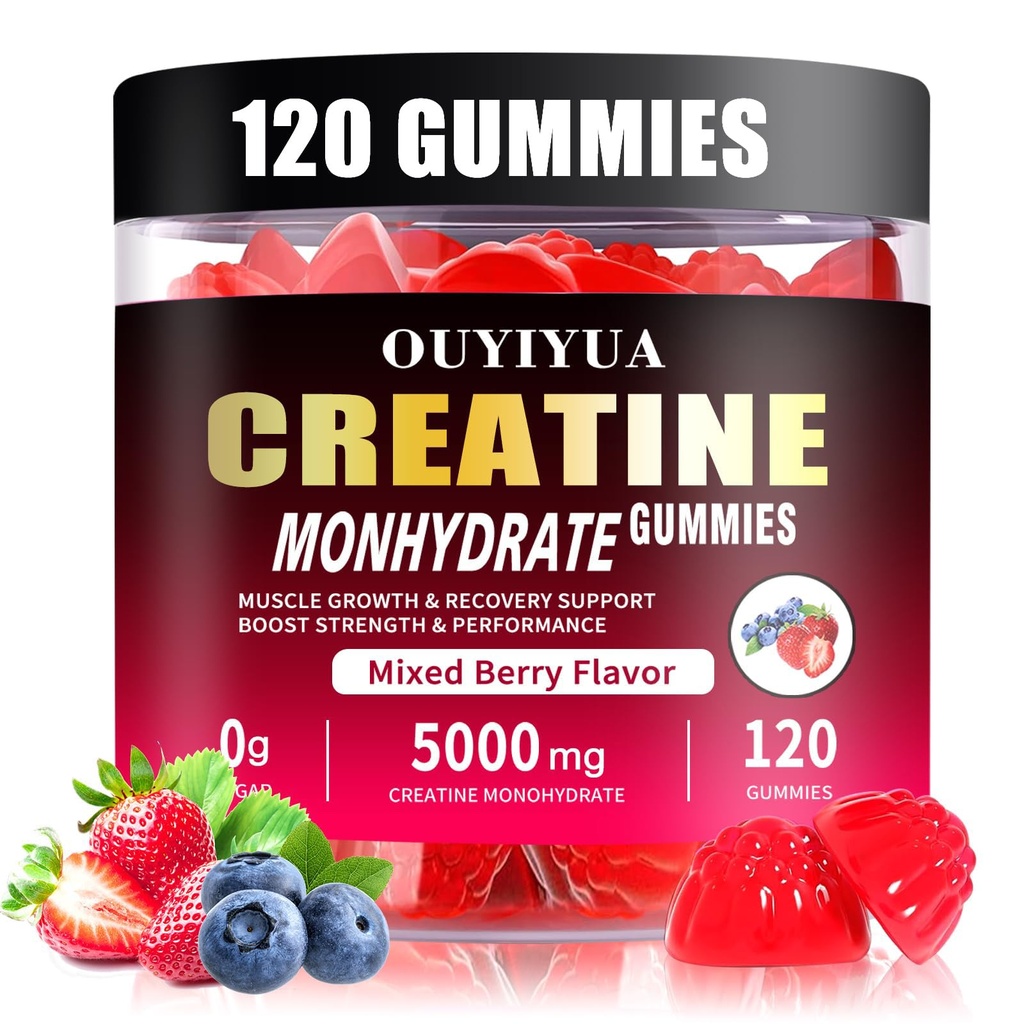 Creatine Monohydrate Gummys 5000mg for Men & Men & Women - 免糖预工补充,肌肉强力的厨艺,肌肉建构器,能量靴,混合莓 Flavor, 120 Counter