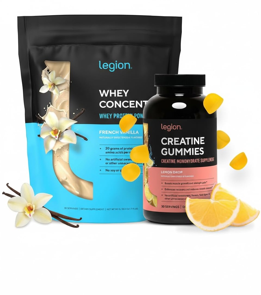 LEGION Performance Support Stack – Creatine Monohydrate Gummies (Lemon Drop, 30 Servings) + Whey Protein Powder (Vanilla, 30 Servings)