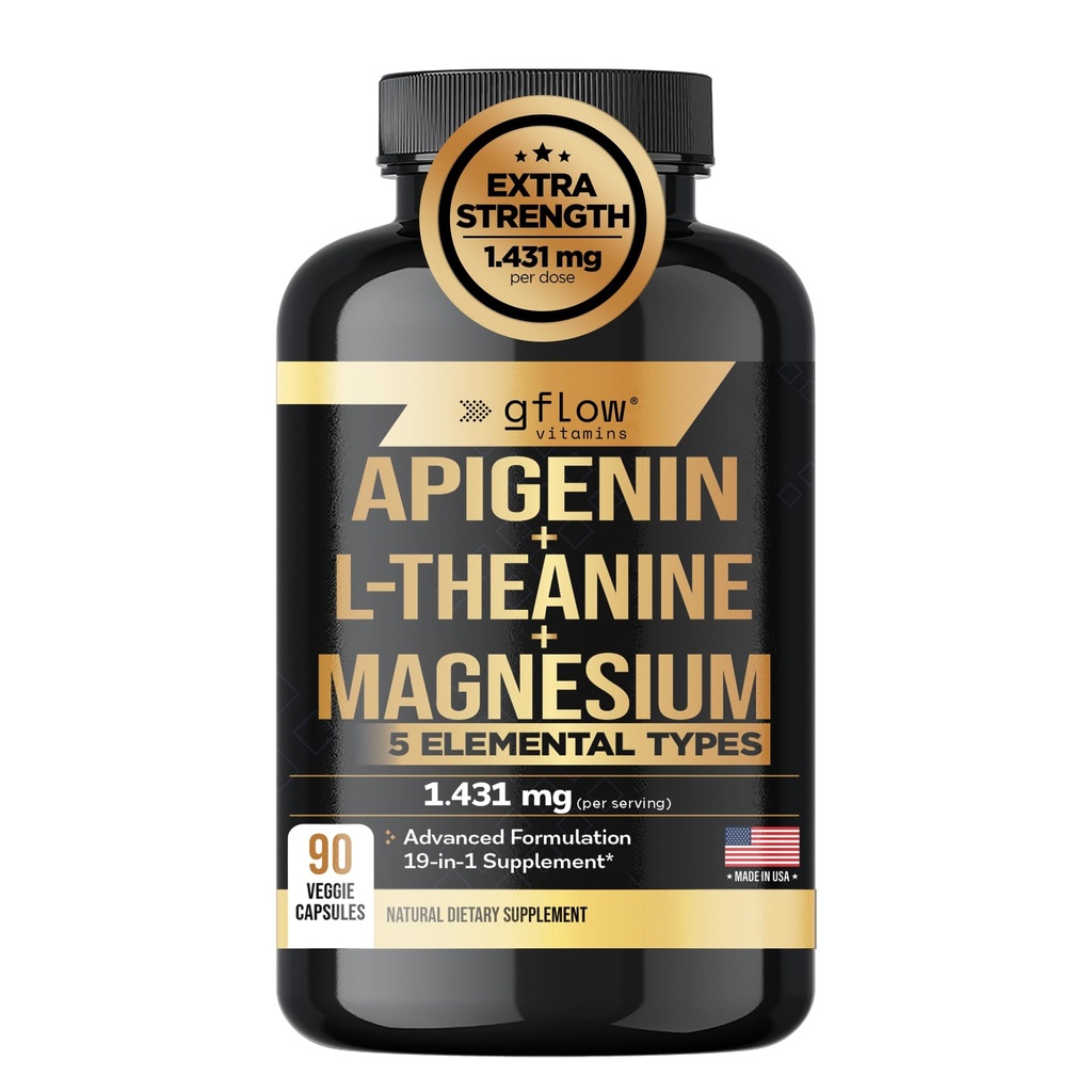 Gflow Vitamins Apigenin Supplement for Sleep with Magnesium Glycinate Complex and L-theanine Supplement - 19 in 1, Ashwagandha L Tryptophan 5-HTP GABA Phosphatidyl Serine, Chamomile | Made in USA