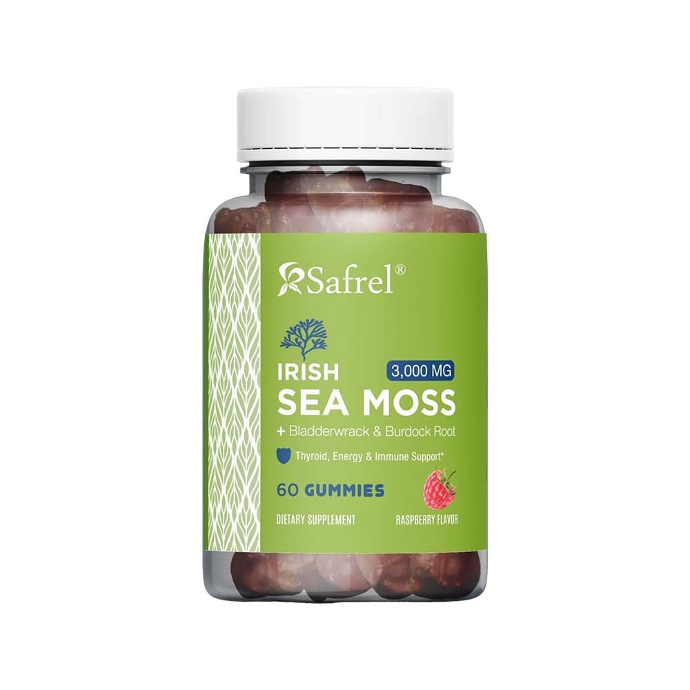 Safrel Irish Sea Moss Gummies 3000mg with Bladderwrack and Burdock Root, Thyroid Energy and Immune Support, Vegan Raspberry Flavor, 60 Gummies