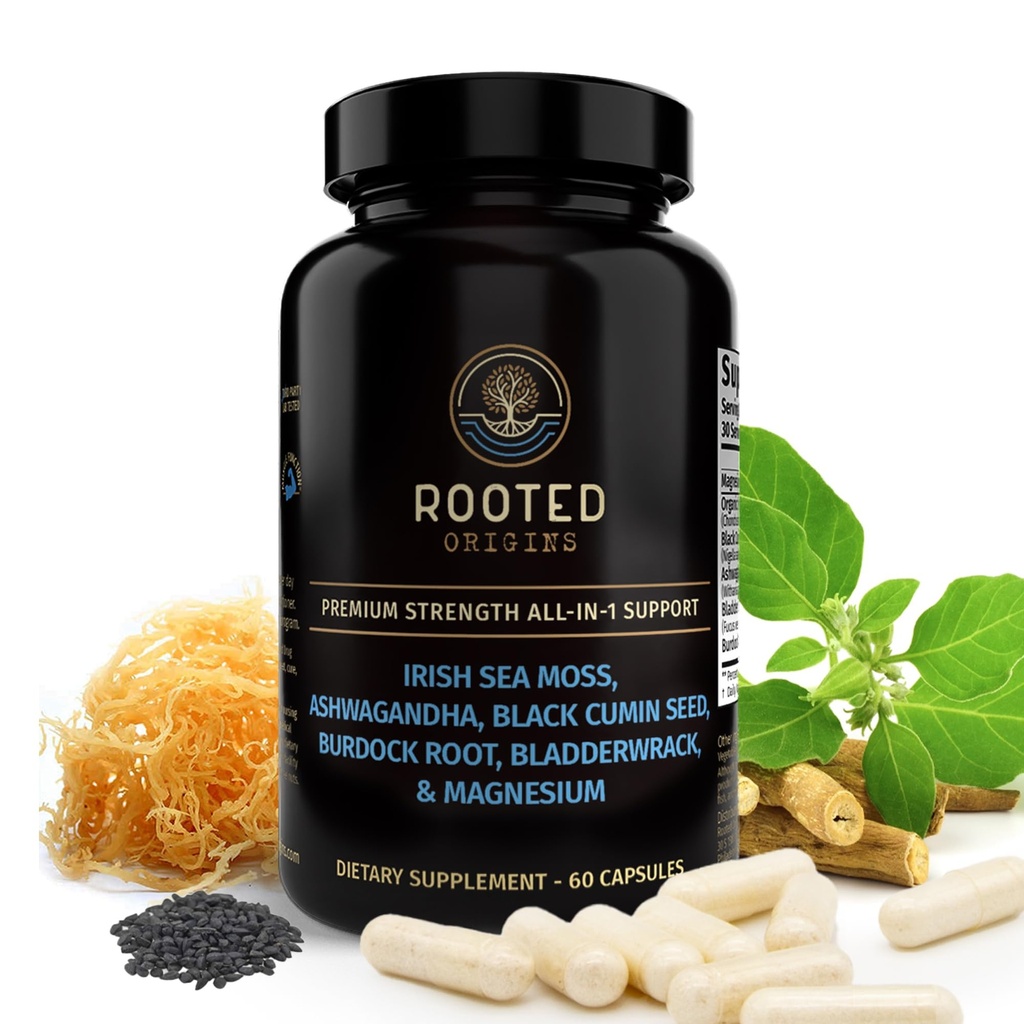 Sea Moss Capsules – Irish Sea Moss Advanced, Magnesium, Ashwaghanda, Black Seed Oil, Burdock Root & Bladderwrack – Immune Support, Gut Health, Energy, & More – 60 Capsules