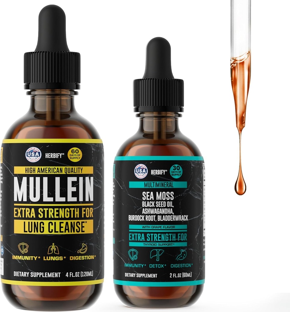 HERBIFY Bundle - Mullein Leaf Extract & Sea Moss Multimineral Liquid - Lung Cleanse & Gut Health, Immune & Thyroid Support