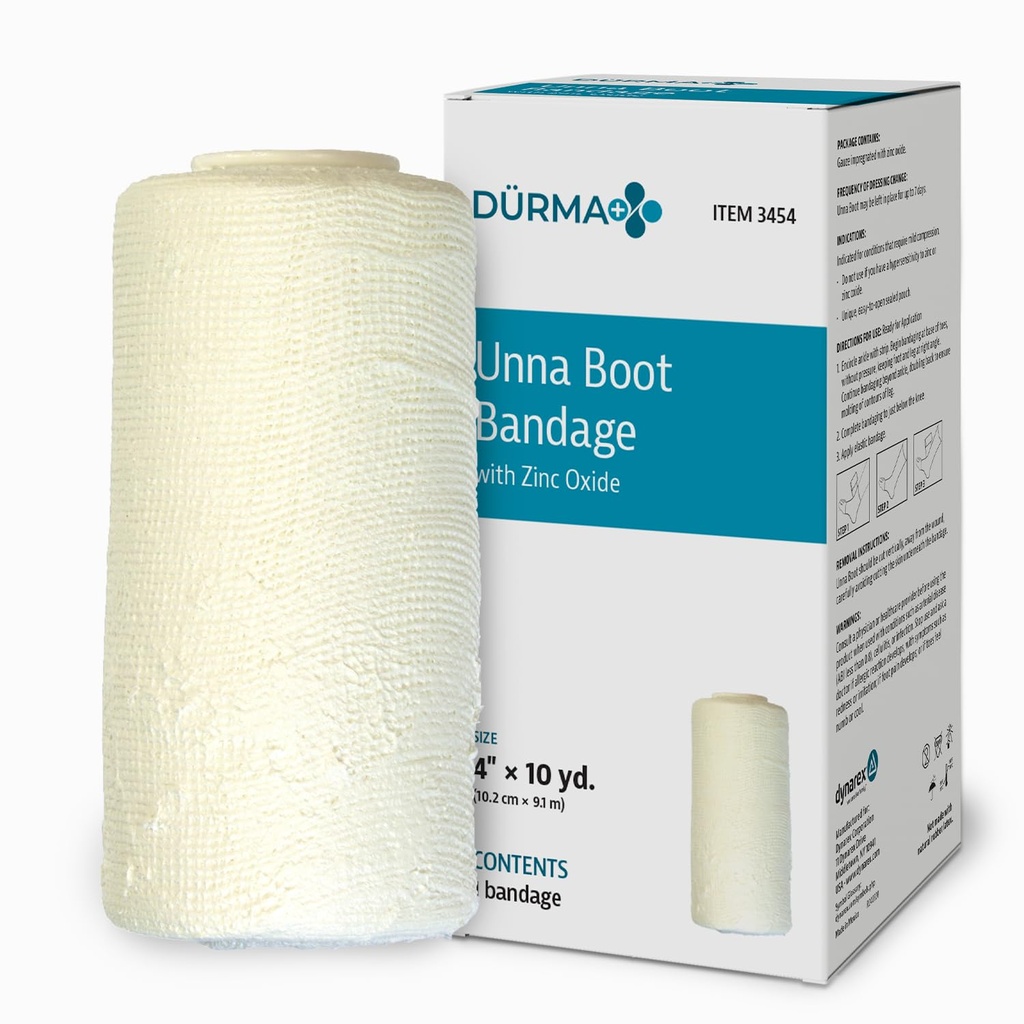 Dynarex Dürma+ Unna Boot Bandage with Zinc Oxide - Maintains Moist Environment and Provides Compression for Leg Ulcers, Edema, Sprains - 4" x 10 yds - Box of 1 Roll