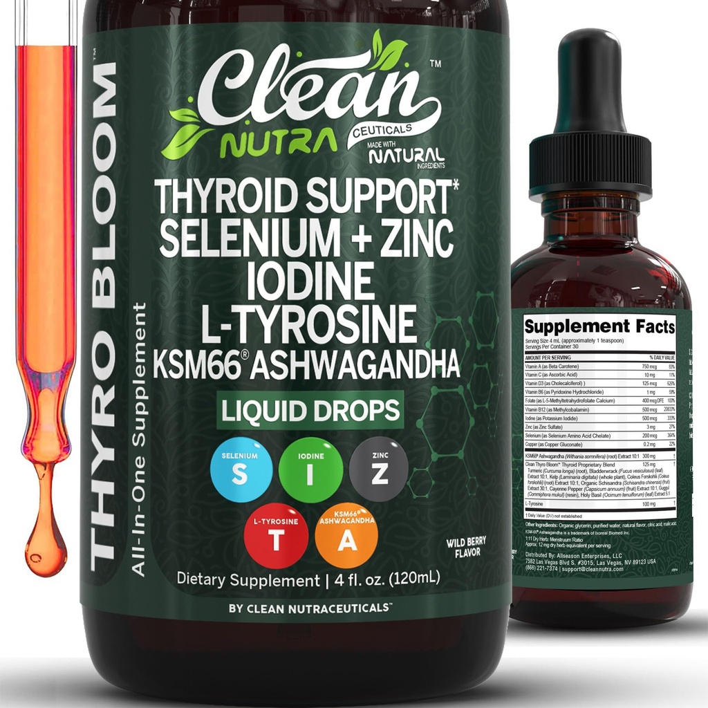 铁布洛姆 甲状腺素 支持女性液滴 碘 L-硫化硒 铜 Ashwagandha Zinc Kelp Bladderwrack Schisandra Guggul Turmeric Vitamin A D3 B12 Folate 补充剂 由清洁的努特拉4oz制作