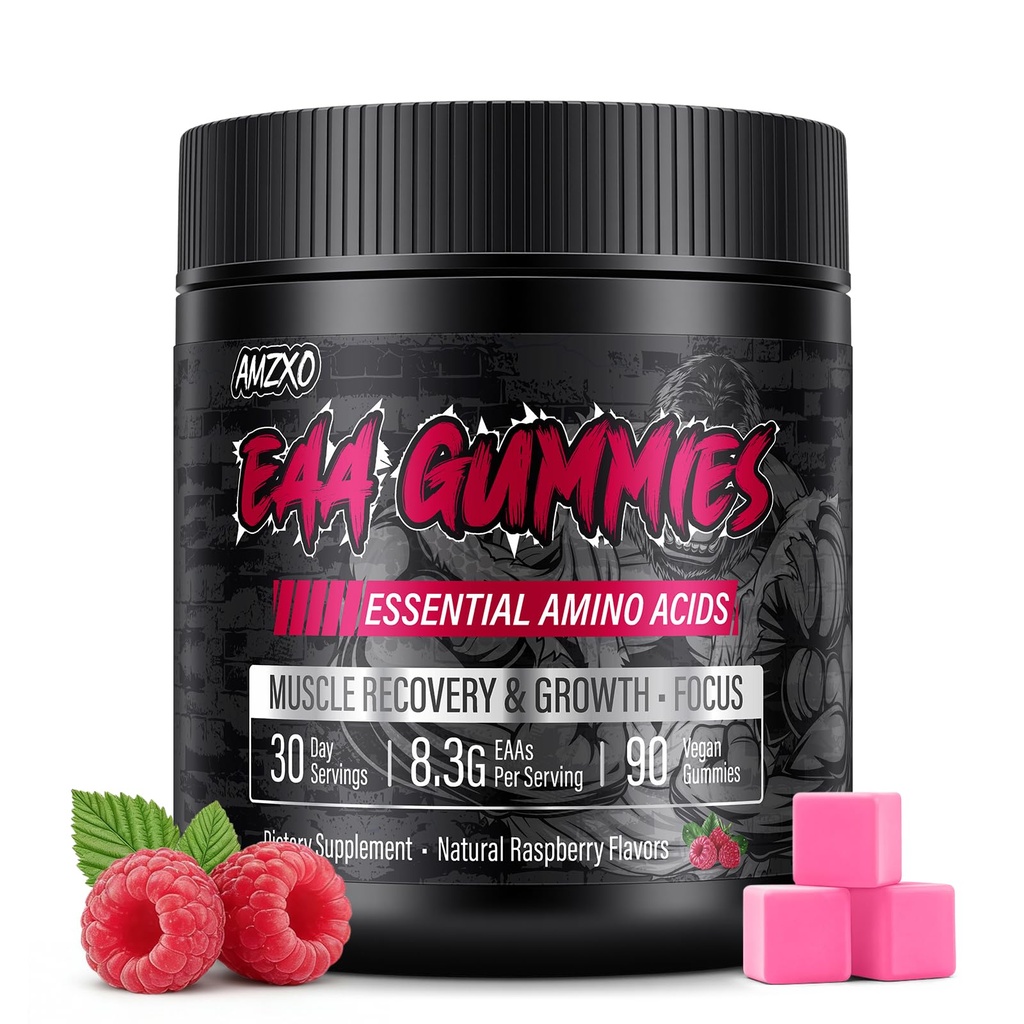EAA Gummys - 2:1:1 BCAA公式(8300mg) - 肌肉恢复和耐力的基本氨基酸 - 非GMO,Gluten Free,Sugar Free,Vegetarian,Raspberry Flavor - 90 Counter