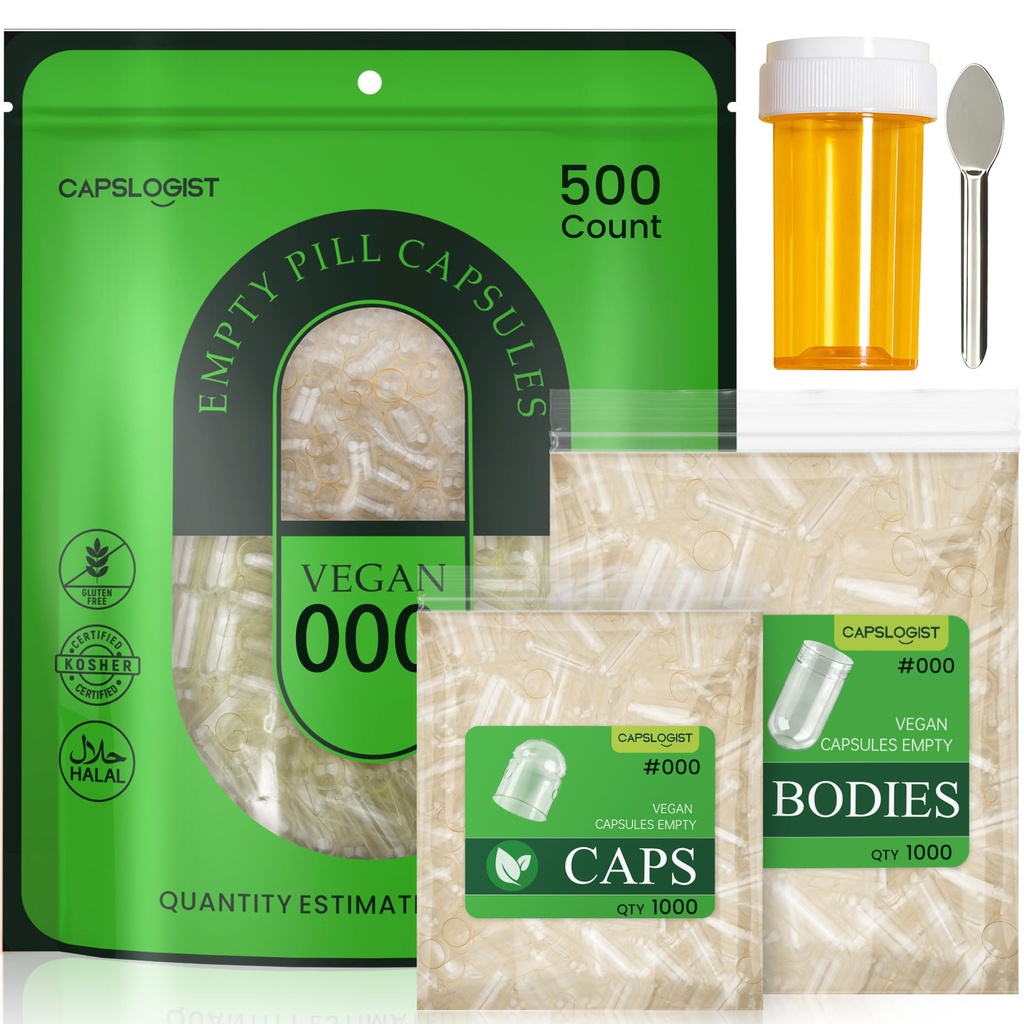 000 Capsules 500 Count, Separated Empty Pill Capsules Size 000, Big Size Clear Caps Empty, Capsules for Supplements, Caps and Bodies in 2 Bags