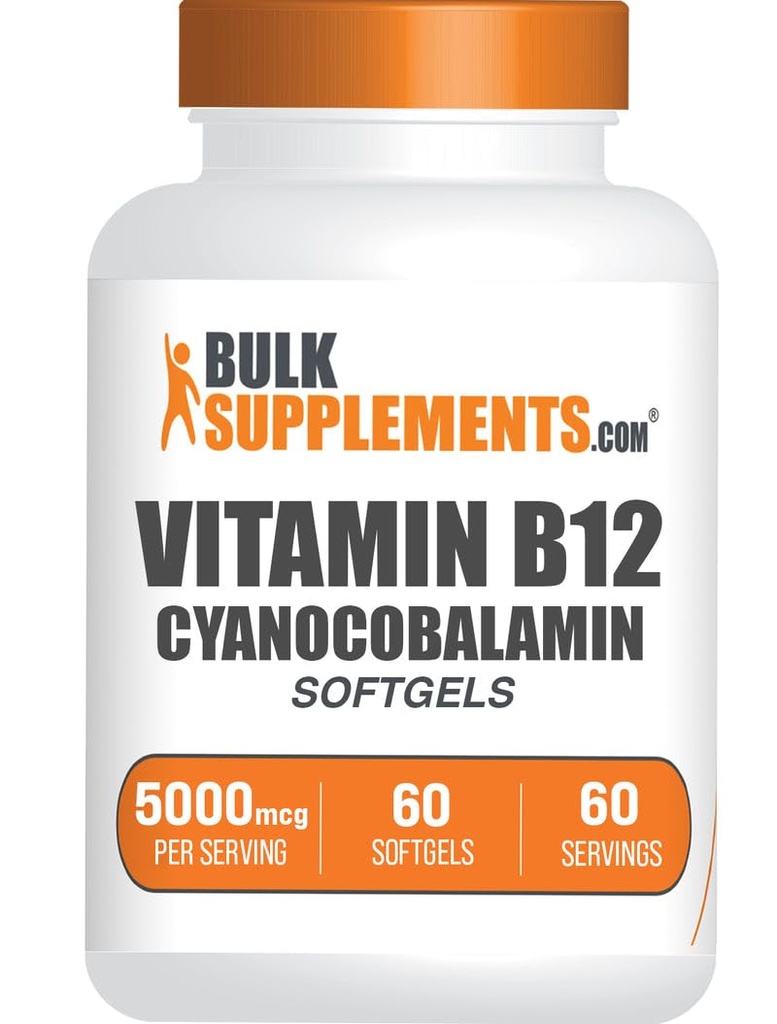 BulkSupplements.com Vitamin B12 5000 mcg Softgels - as Cyanocobalamin, Vitamin B12 Supplements, for Energy Support - Gluten Free, 1 Softgel per Serving, 60 Count (Pack of 1)