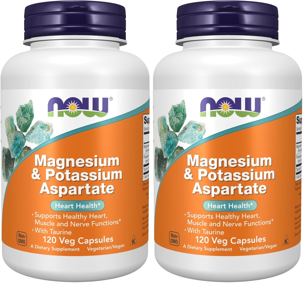 NOW Foods Supplements, Magnesium & Potassium Aspartate with Taurine, Heart Health*, 120 Veg Capsules,(Pack of 2)