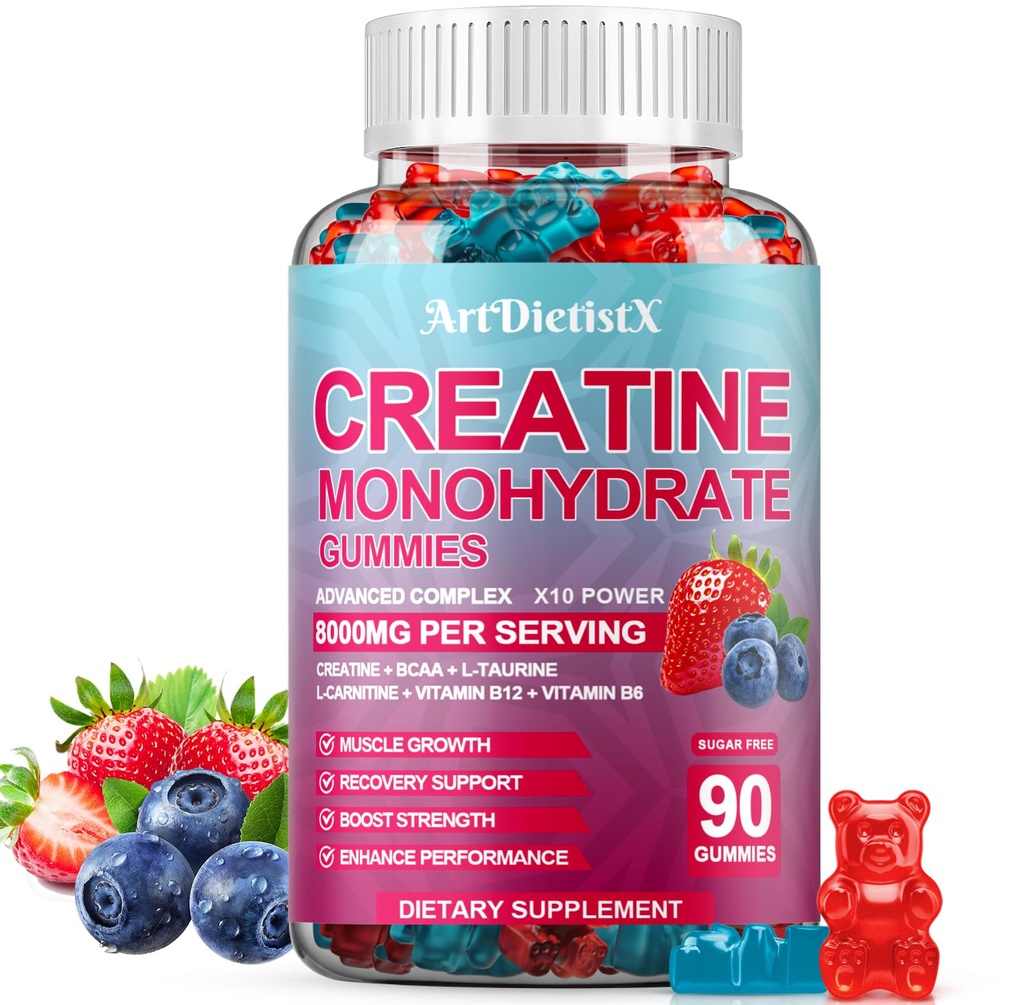 Creatine Monohydrate 8000mg Gummys 配有 BCAA, L-Carnitine, Taurine & Vitamin B12 – 肌肉生长,强力与能量,多味的 Chewable Gummys, 90 男女伯爵
