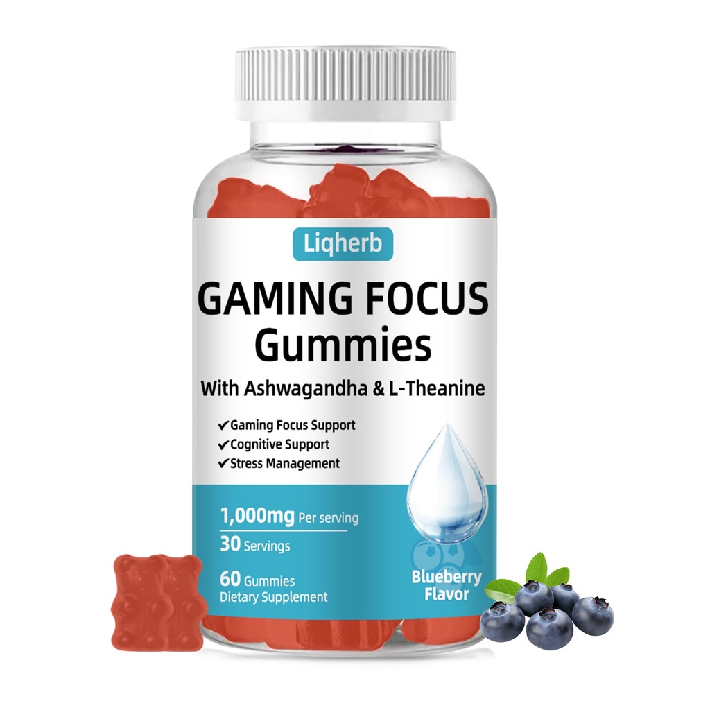 Focus Gummy for Gaming: with L-Theanine, Ashwagandha & Taurine, Stress Relief, Energy & Focus, for Gamers & Pros, Caffeine-Free, Sugar-Free Blueberry Flavor, Vegan, Non-GMO, Gluten Free, 60
