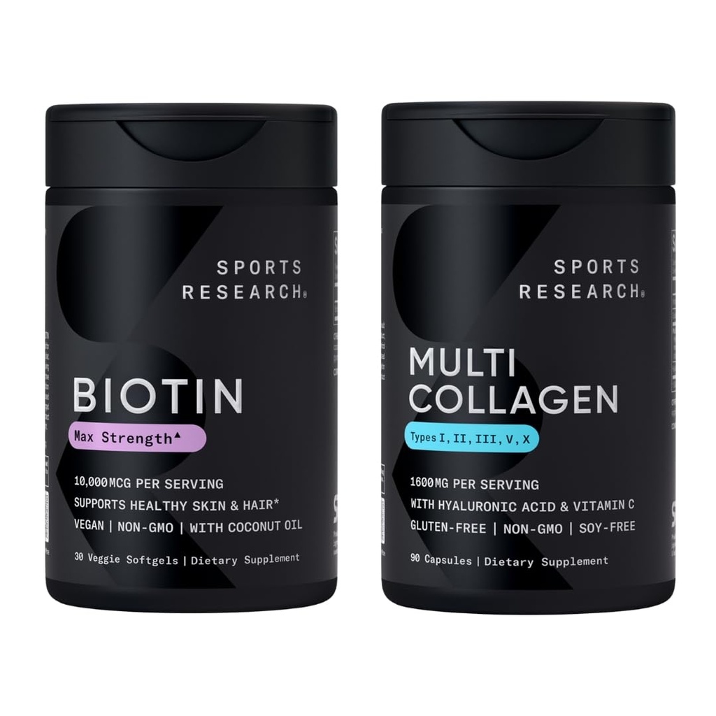 Sports Research® Healthy Hair Essentials - Biotin 10,000mcg with Organic Coconut Oil Vitamin B7 for Healthy Skin and Hair Support + Multi Collagen Pills Peptides with Hyaluronic Acid & Vitamin C
