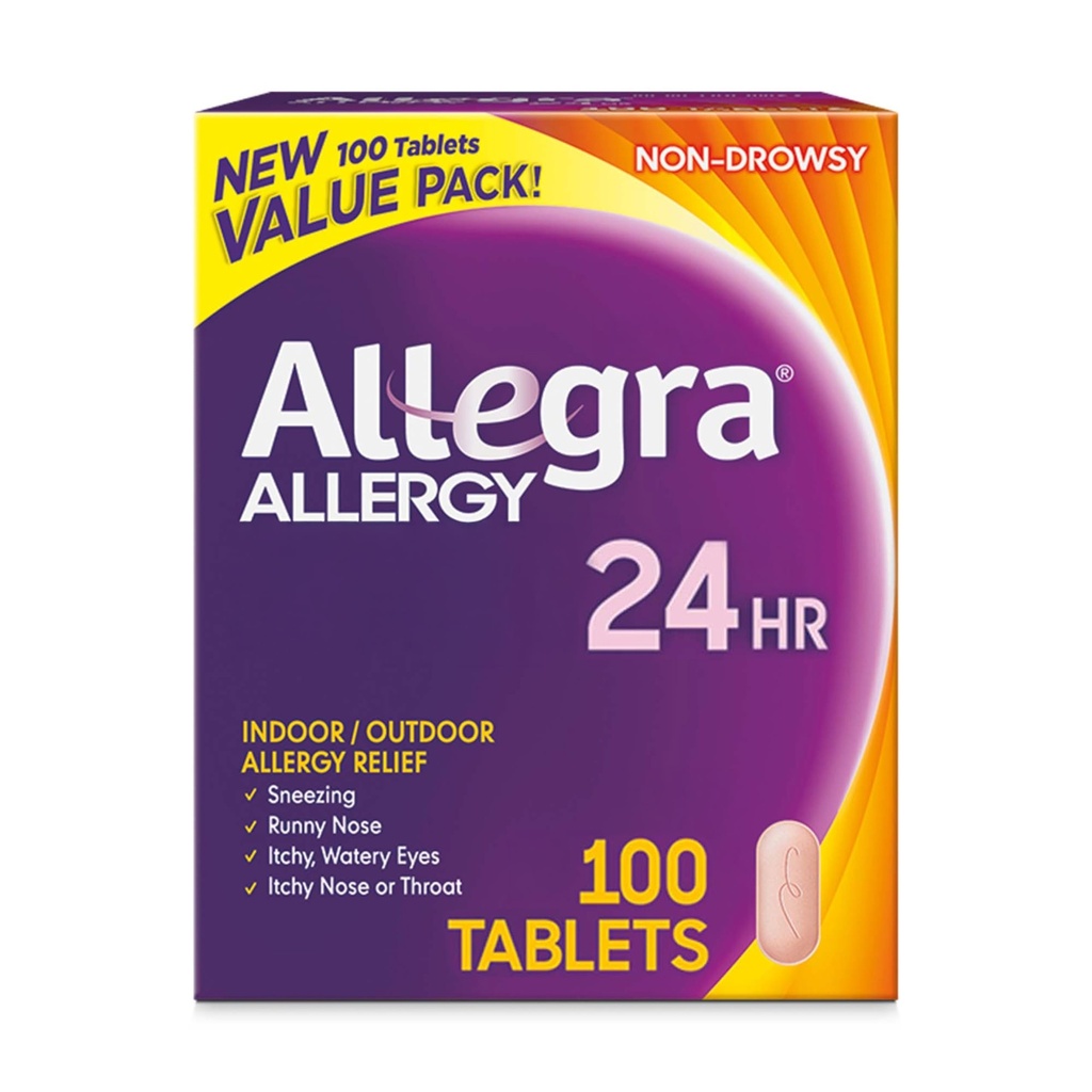 Allegra Adult 24-Hour Allergy Relief Tablets, Non-Drowsy Indoor and Outdoor Allergy Medicine, 180 mg Fexofenadine HCI Antihistamine Pill, 100-Count