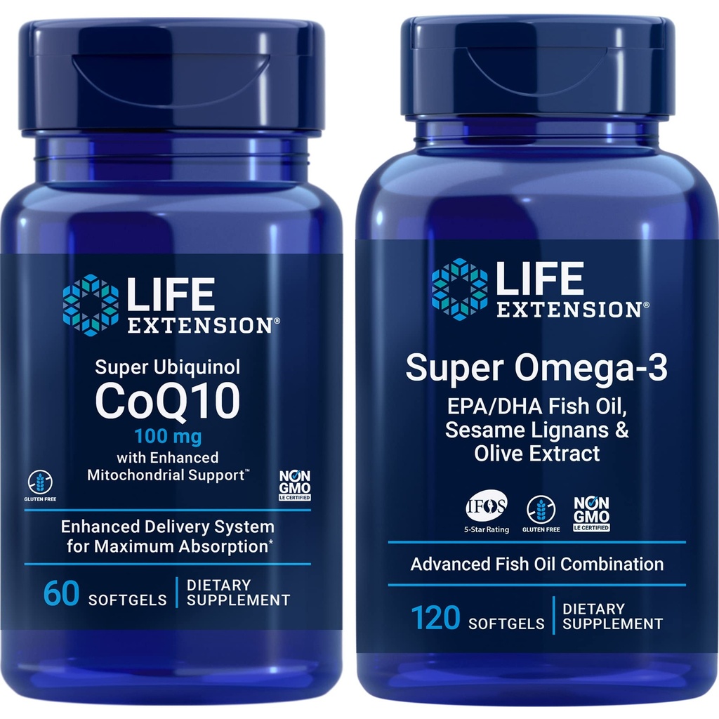 生活扩展 Super Ubiquinol Coq10, 100 Mg, 60 Softgels QQ Super Omega-3 Epa/dha Fish Oil, 120 Softgels QQ 心与脑健康补充,炎症管理,抗衰老支持.