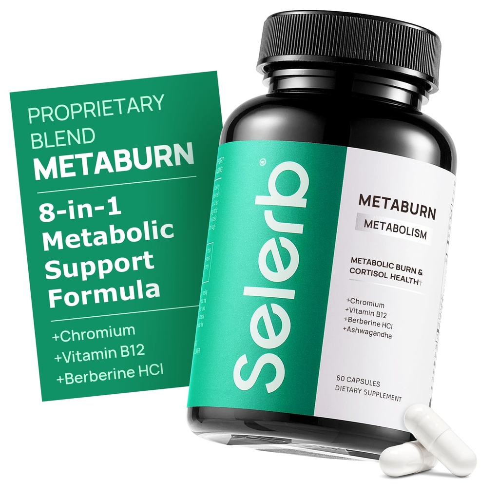 Selerb Metaburn 女性和男性体重损失药丸 - Appetite Sprintant & Fat Burner, 代谢支持体重损失补充剂 柏伯林,铬,绿茶 & B12-60 Capsules