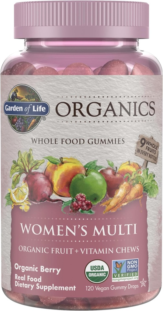 Garden of Life Organics Women's Gummy Vitamins - Berry - Certified Organic, Non-GMO, Vegan, Kosher Complete Multi - Methyl B12, C & D3 - Gluten, Soy & Dairy Free, 120 Real Fruit Gummies (Pack of 6)
