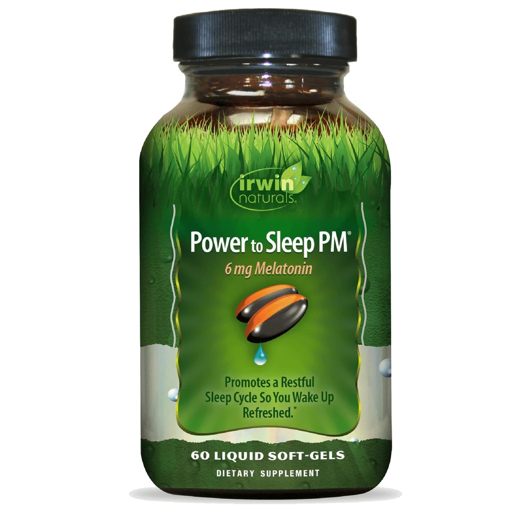 Irwin Naturals Power to Sleep PM - 6mg Melatonin, GABA, Ashwagandha, Valerian Root & L-Thenine 男女辅助药 - 支持休息睡眠周期和放松 - 60 液体软胶