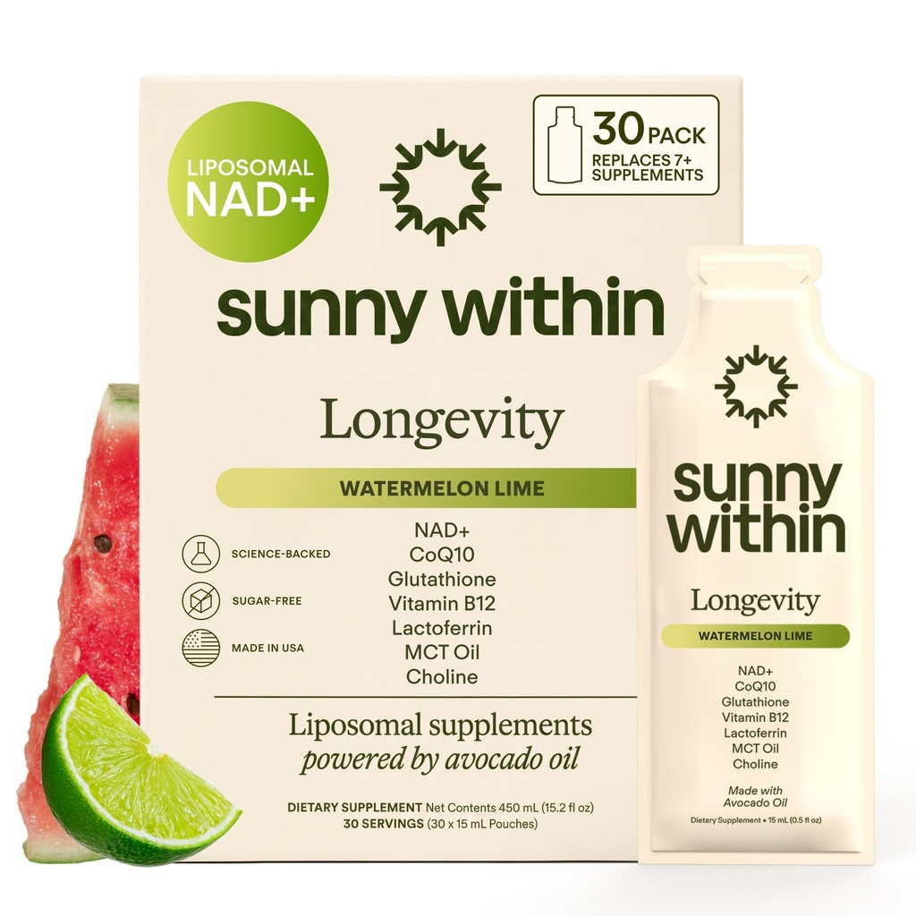 Liposomal Glutathione Supplement CoQ10, MCT, NAD+ Longevity Mix w/Liquid NAD+, B12, Avocado Oil – Cellular Health, Energy, Brain, Gut & Heart Support* – Watermelon Lime – 30 Pouches