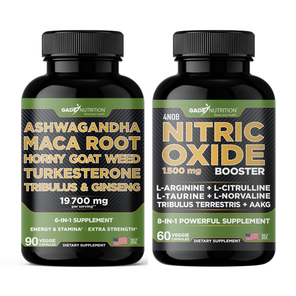 甘油营养 Ashwagandha 配有 Maca Root, Horny Goat Weed, Turkesterone, Tribulus Terrestris, Panax Ginseng + Nitric Oxide Booster - Bundle 能源、生命力、性能、泵