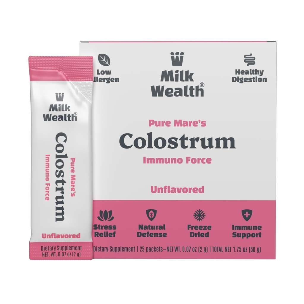 Milk Wealth™ Pure Mare Colostrum Powder 50g | Freeze-Dried Supplement | Gut Health & Immune Support | Unflavored & IgG | Alternative to Bovine Colostrum | 25 Single-Serve Packets (2g Each)