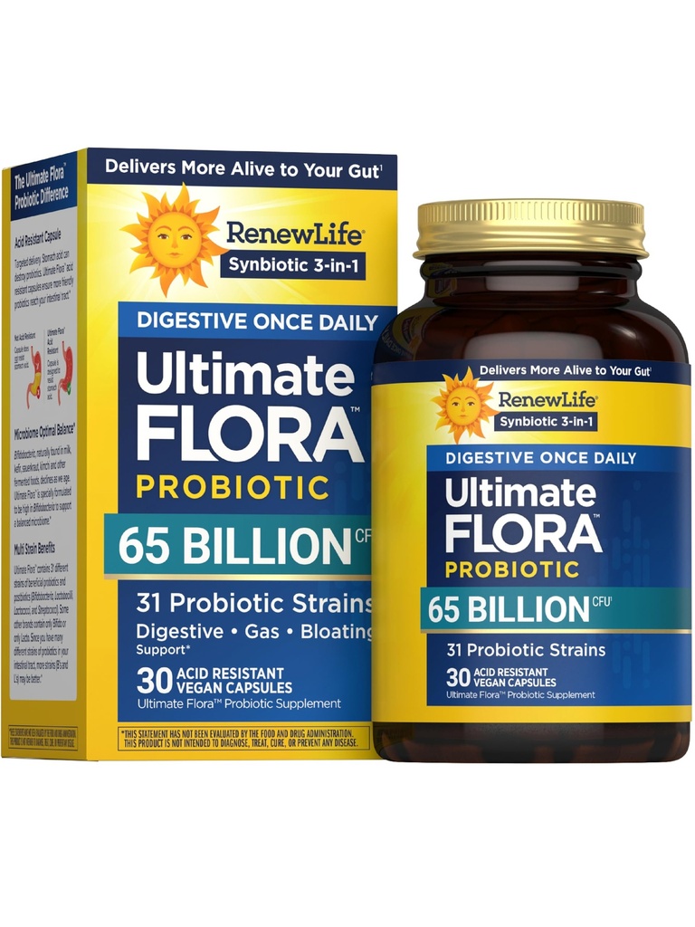 Renew Life Digestive Ultimate Flora Probiotics 65,000,000,000 CFU Delayed Release Vegan Capsules | Once Daily | Digestive Health | Immune Health | Dairy Free | 30 Count
