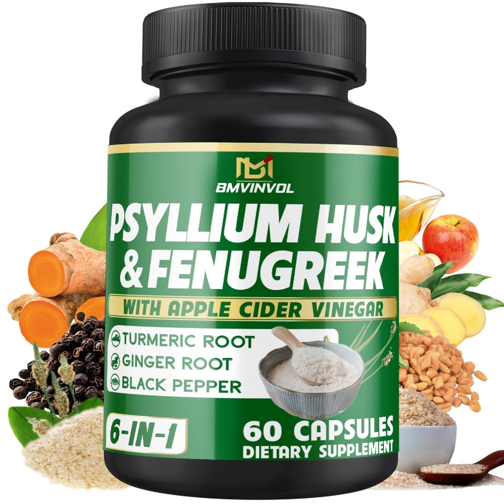 BMVINVOL Psyllium Husk Fiber 补编 t 配有 Fenugreek, 苹果苹果苹果苹果醋, Turmeric, Ginger, Black Pepper- Digestion 健康支持 - 60 Capsules