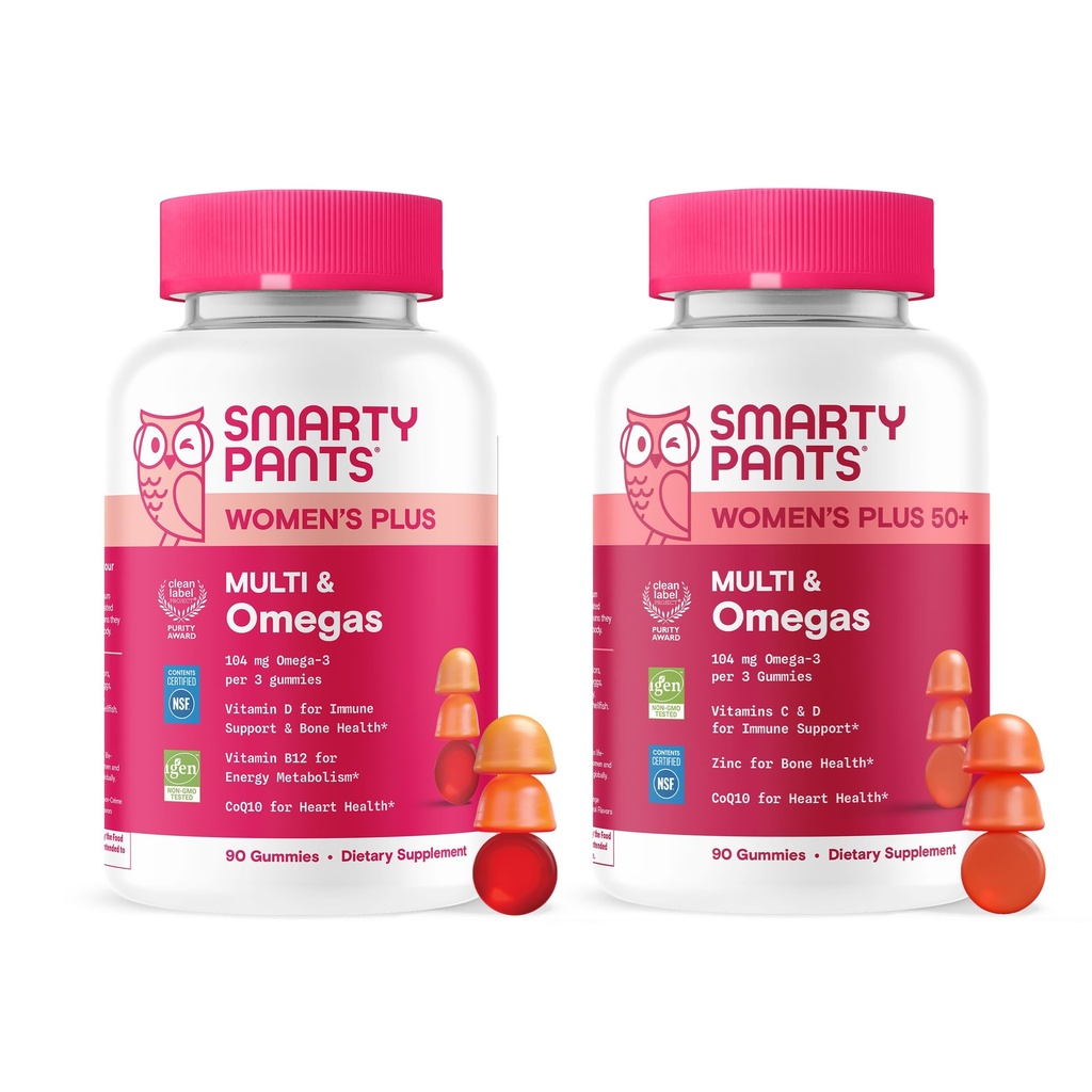 SmartyPants Women’s Complete Wellness Bundle: Multivitamin + Women’s 50+ Gummies with Omega-3, CoQ10, Methylfolate, Vitamins D3, B12, C, A & Zinc – Gluten Free, 90 Count Each (2-Pack)