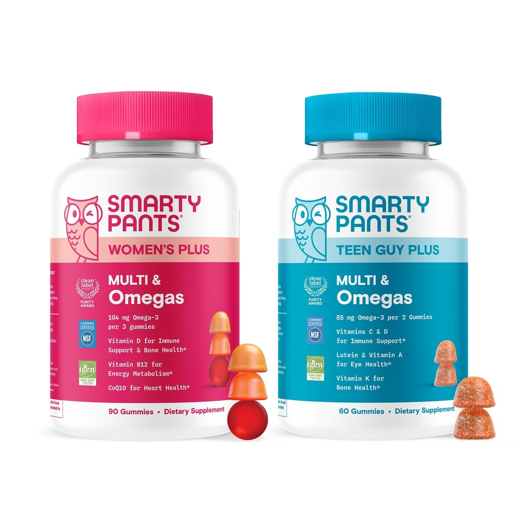 SmartyPants Mother & Son Daily Nutrition Bundle: Women’s + Teen Guy Multivitamin Gummies with Omega-3, Methylfolate, Vitamins D3, B12, A & Zinc – Gluten Free, Non-GMO, 90 & 60 Count (Pack of 2)