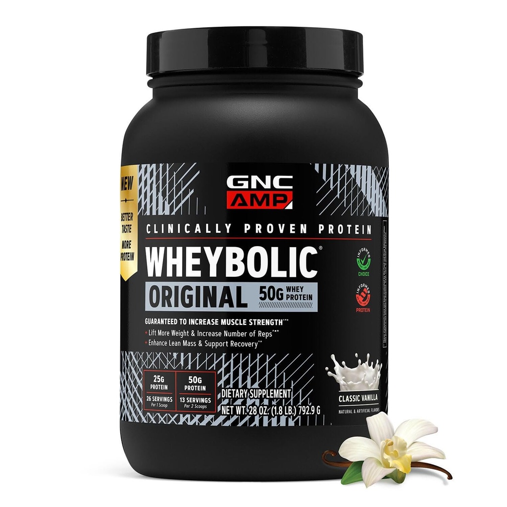 GNC AMP New Wheybolic- Clinically Studied Whey Protein Powder for Workouts & Active Lifestyles- High Leucine Content- Smooth Mixing Drink Mix for Fitness Shakes- Classic Vanilla - 28 Oz (13 Servings)