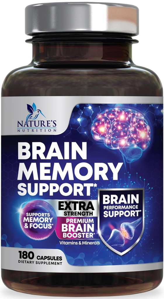 Brain Memory Supplement Pills - 3X Strength Nootropics for Concentration, Clarity & Focus Support - Brain Health Cognitive Vitamins with Bacopa, Phosphatidylserine & DMAE, Brain Booster - 180 Capsules