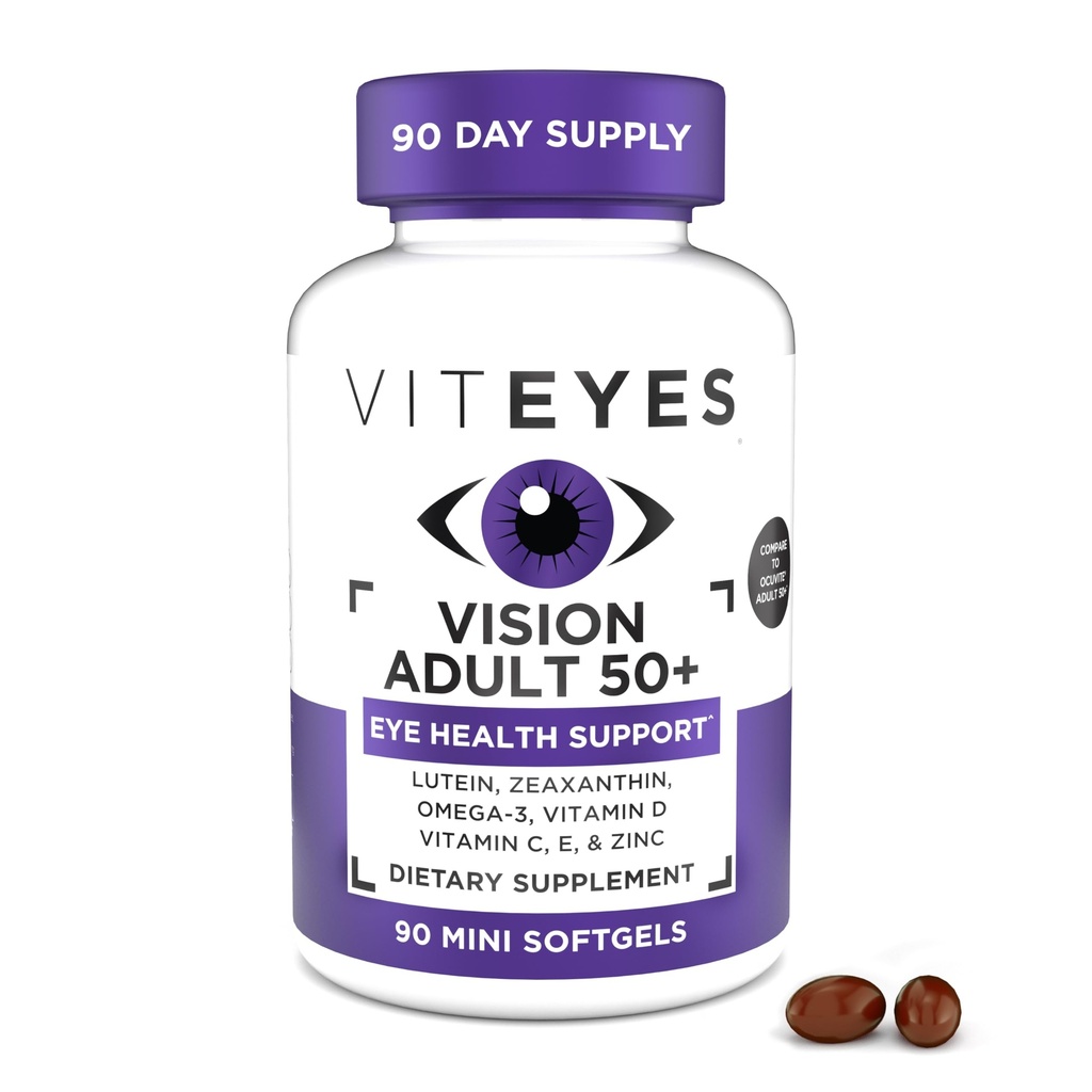 维泰耶斯50岁以上眼科健康愿景,愿景支持,老眼科,Lutein,Zeaxanthin,Omega-3,Zinc,维生素C,维生素D,维生素E,眼科医生信任,美国制造,90Ct