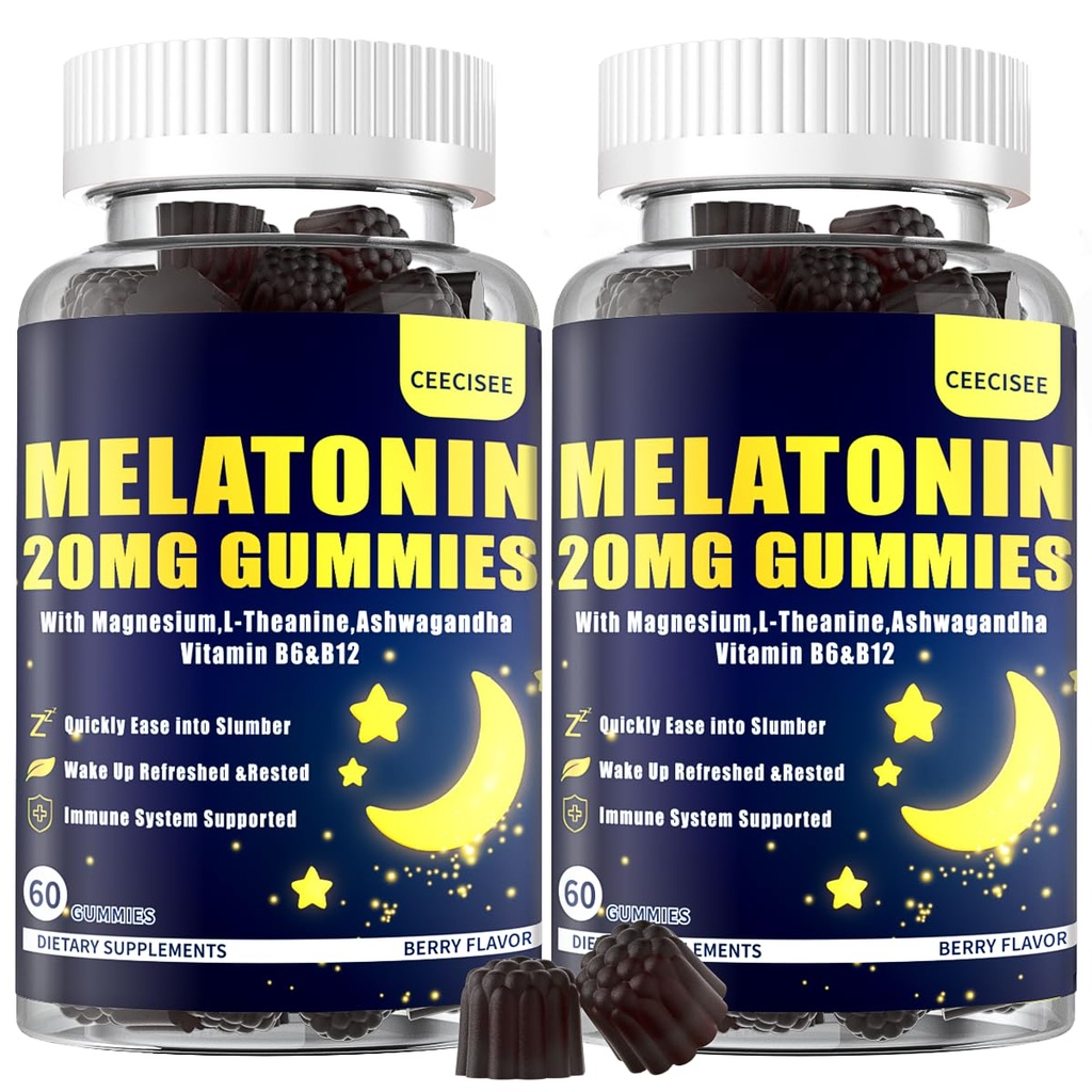 Melatonin 20mg Gummies for Adult: Sugar Free Melatonin Supplement Extra Strength with Ashwagandha L-Theanine Magnesium Turmeric Vitamin D3 B6 B12 - Non-Habit Forming for Women Men(120Count)