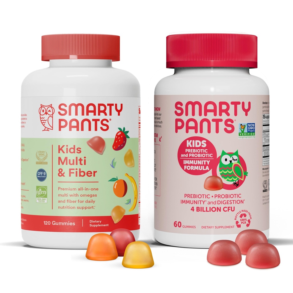 SmartyPants Kids 多维他命纤维补充剂和营养豁免包:Omega 3鱼油(EPA/DHA)、维生素D3、C、维生素B12、B6、消化和免疫支助补充剂(30天供应)