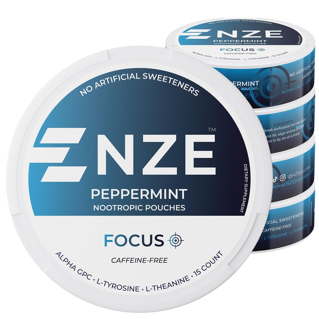 NZE Cafeine 自由诺诺氏口袋(Peppermint) - 诺氏口袋,带有Alpha GPC,L-Tyrosine & L-Thenine - 无糖或人工甜甜的口袋 - 15 Nicotine 自由口袋 – 每罐5个包装