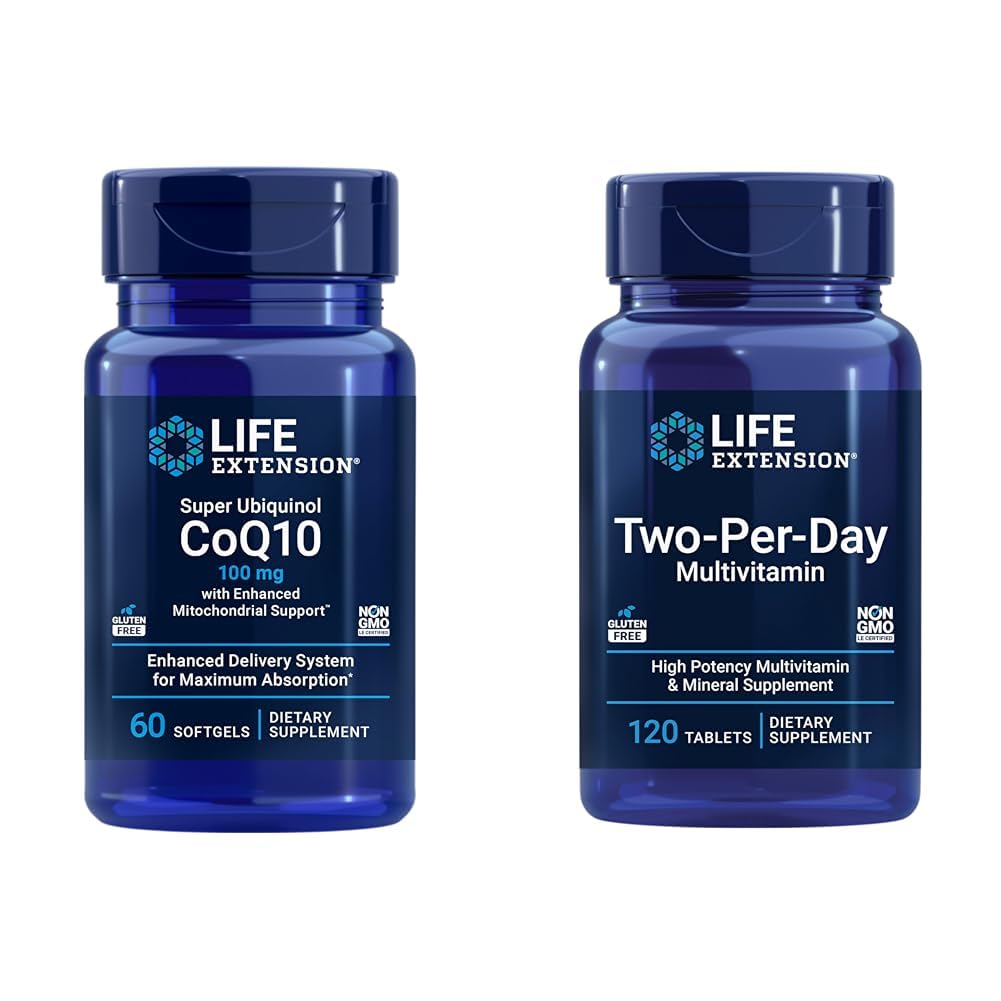 寿命延长 Super Ubiquinol CoQ10 Heart & Cell Energy Support 配有双日高概率多维生素和矿物补充,60 Softgels & 120片