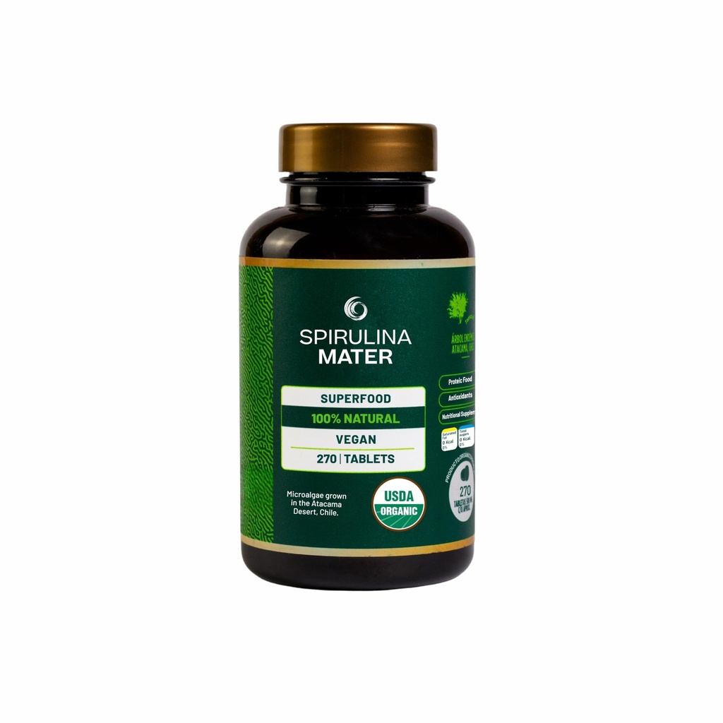Spirulina片 USDA 有机,阿塔卡马沙漠生长,植物类超食品补充,每日健康与能源营养藻类,270片