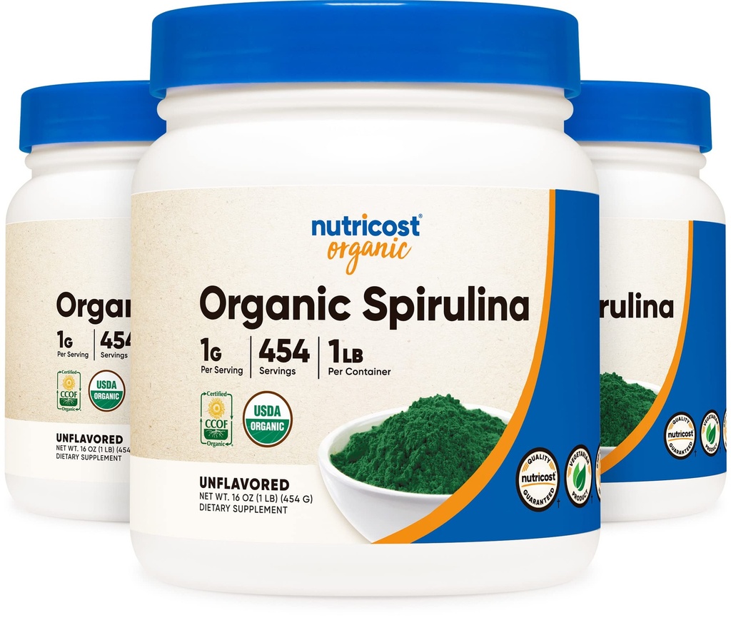 Nutricost 有机螺旋无味,1LB容器,用于454个服务(3个瓶) - Vegan, GMO Free and Gluten Free