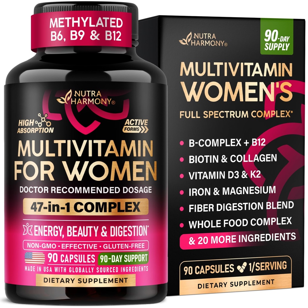 Multivitamin for Women 47in1 - B-Complex, Biotin, D3 & K2, Iron - 90 Caps