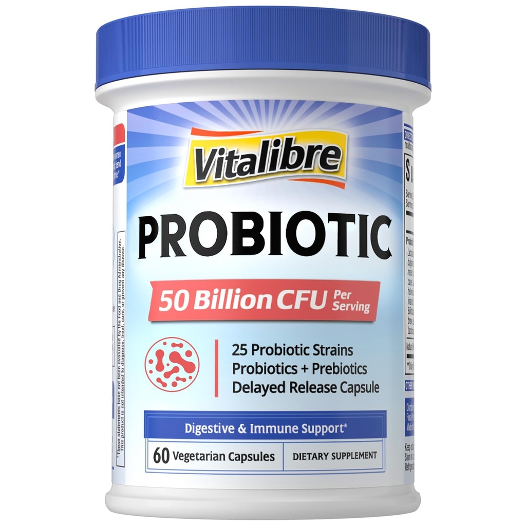 Vitalibre Probiotic for Women and Men, 50 Billion CFU, 25 Diverse Strains Plus Prebiotics, for Digestive Health & Immune Support, Delayed Release, No Refrigeration Needed, 60 Veggie Capsules