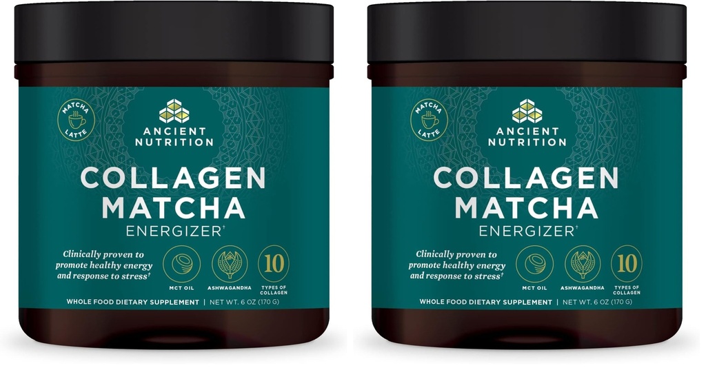 Ancient Nutrition Matcha Powder with Collagen, Collagen Matcha with MCTs & Ashwagandha for Energy, Metabolism, Skin, Hair, and Gut Health, 20 Servings (Pack of 2)