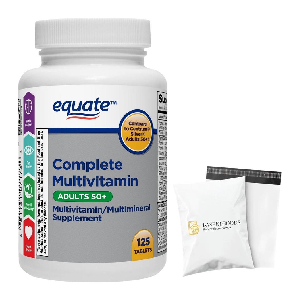 Equate Adult 50+ One Daily Complete Multivitamin Multimineral Supplement Tablets, Healthy Brain* - Compare to Centrum Silver, 125 Pills (Pack of 1) - Set by Basket Goods