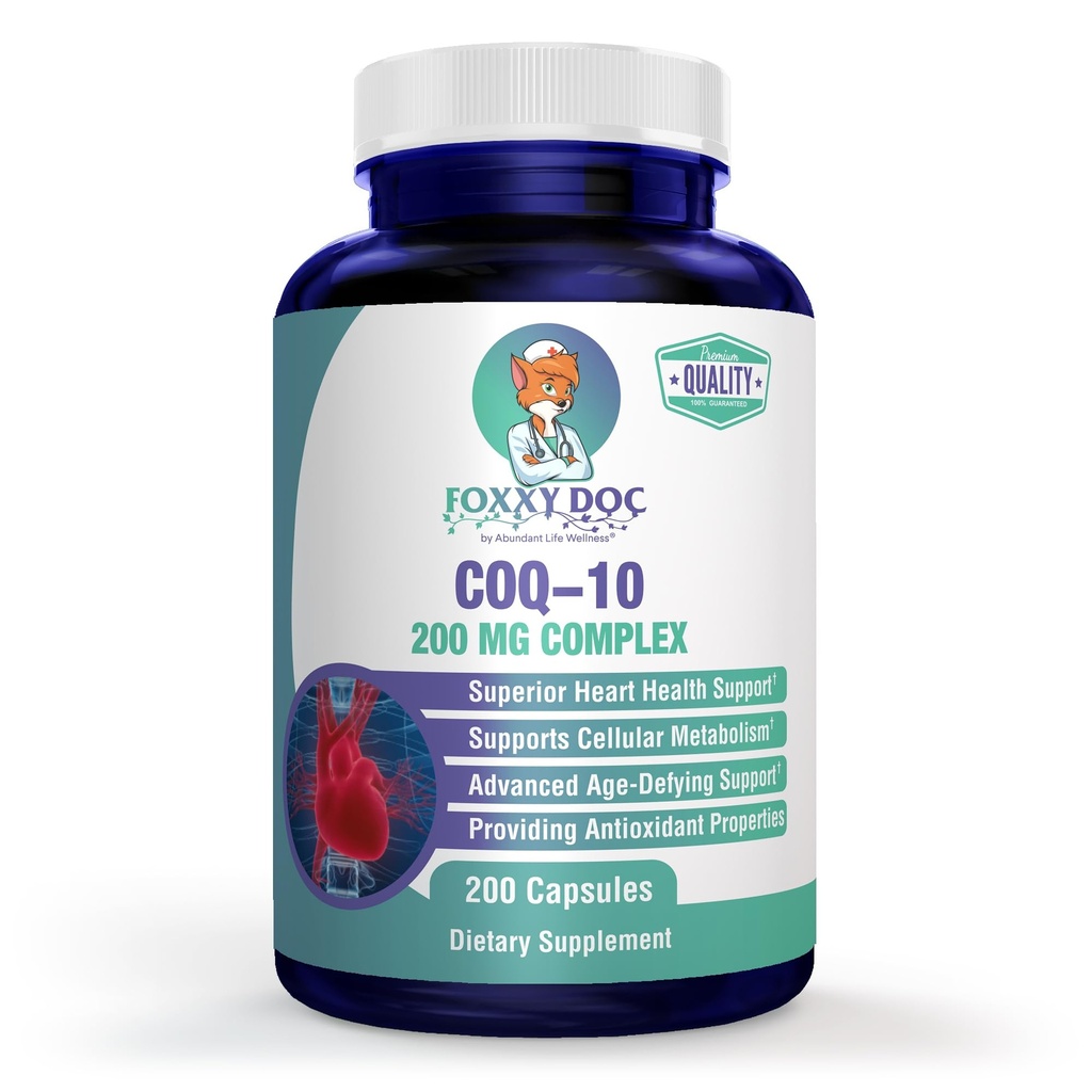 CoQ10 - 共同酶 Q10-200 mg - 极佳值 - 200 Caps - 快速吸收 - Veg. Caps - 非GMO - Ubiquinone - 心与细胞能量和大脑补充 作者 Foxxy Doc