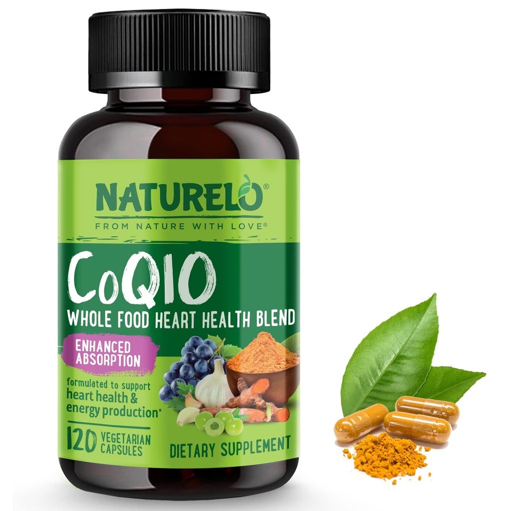 NATURELO 全食品 CoQ10 补充,120 Veg Capsules,心脏健康混合剂,强抗氧化剂, CoQ10 100mg 支持能源生产