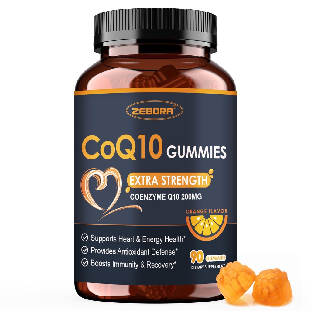 ZEBORA CoQ10 200mg Gummys,用于心脏和免疫健康支持的Coenzyme Q10,强抗氧化剂,靴子能量,天然橙色火焰,非GMO,90 Gummys