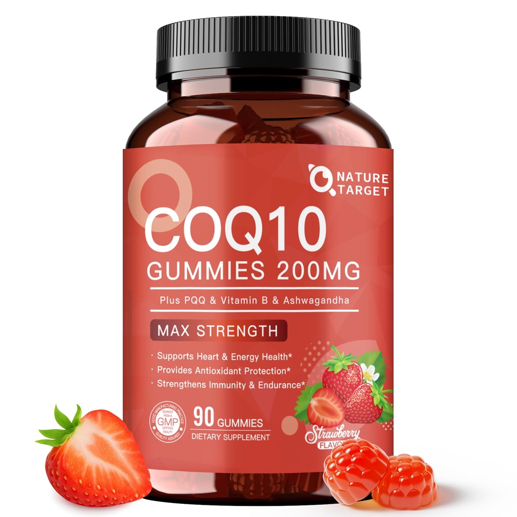 NATURE TARGET CoQ10 Gummys 200mg – 高吸收性Coenzyme Q10 配有 PQQ,Zinc & Ashwagandha,草莓火焰,90 Counter的心脏,能量和抗氧化剂补充剂