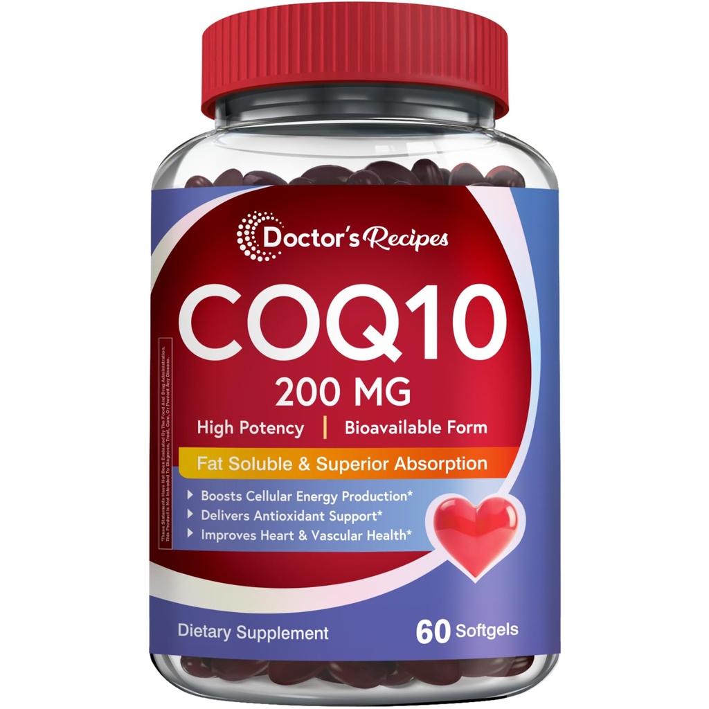 医生的食谱 CoQ10 200mg, 60 软胶, 高吸附性Coenzyme Q10, 抗氧化剂支持和细胞能量靴, 改善心脏, 血管和肌肉健康, 非GMO, 无胶乳