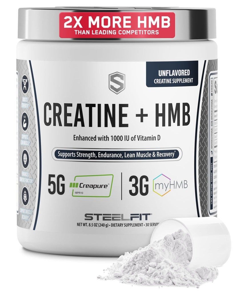 SteelFit Creatine HMB 粉末 - 5g Creapure Creatine 单水合物粉末,3g MyHMB & 1000 IU Vitamin D - 工作辅助 支持肌肉生长,强力,恢复和能源 - 不受欢迎,30种服务