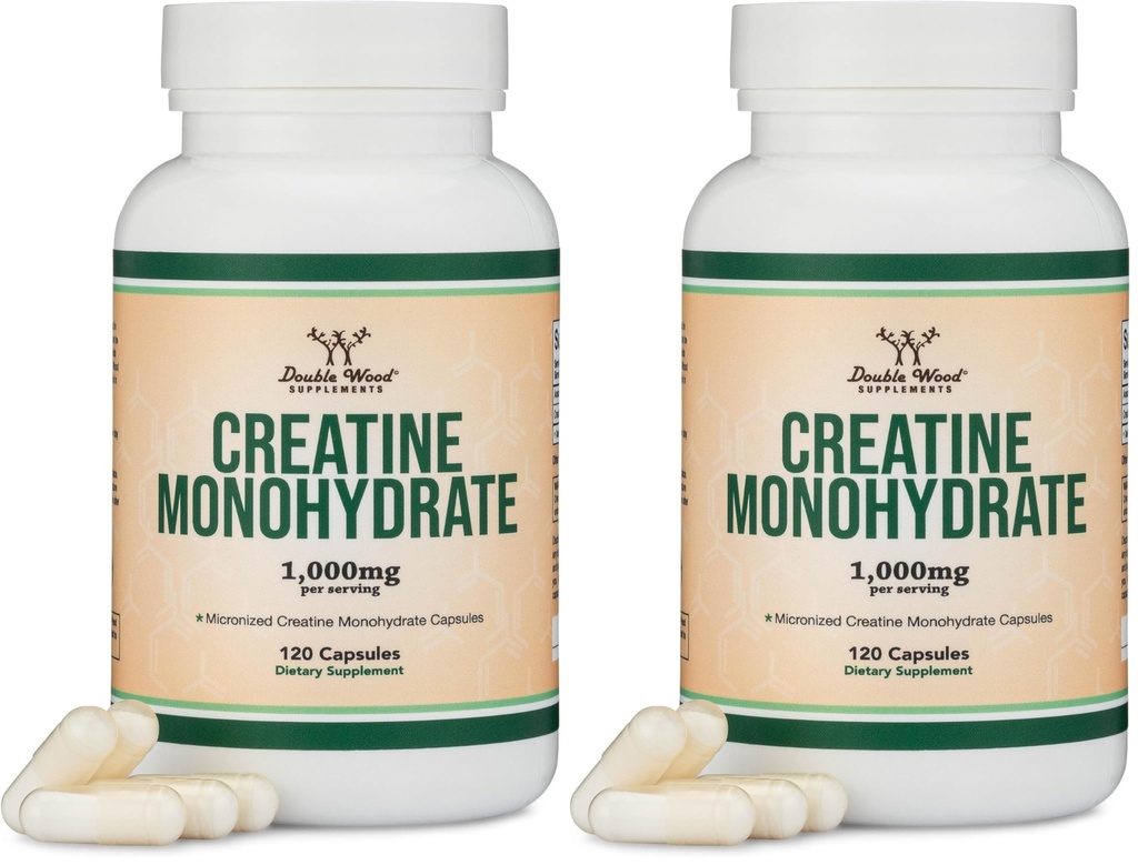 Creatine Monohydrate Capsules - 1g / service, 120 Counter - 无填充器, Vegan Safe, Non-GMO, Gluten Free by Double Wood (Pack of 2) (双木头)