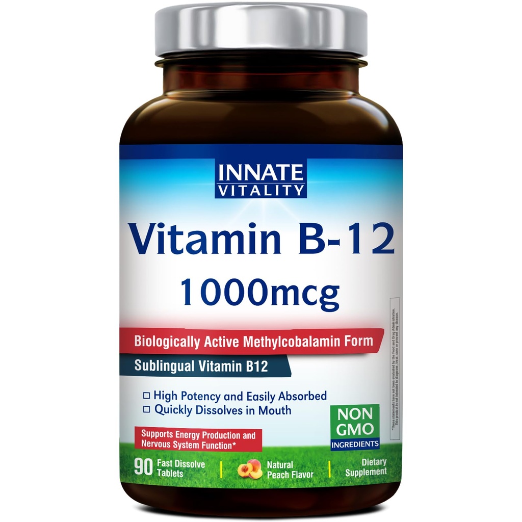 Innate Vitality Vitamin B12 1000mcg, Sublingual Methylcobalamin, for Energy Metabolism, Mental Clarity, Nervous System Health, Peach Flavor, Zero Sugar, 90 Fast Dissolve Tablets