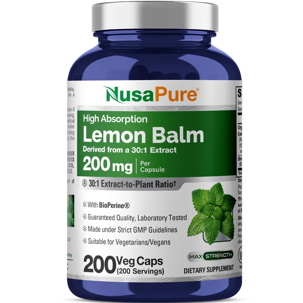NusaPure Lemon Balm 30:1 提取物,200 mg 等重至 6000 mg per Vegan Caps - 200 Counter Non-GMO, Vegan Bioperine